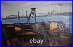 Grand chantier naval vintage de paysage marin de peinture à l'huile signé