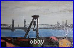 Grand chantier naval vintage de paysage marin de peinture à l'huile signé