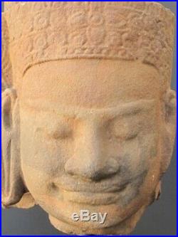 Grande Statuette Khmer Vishu 3 Têtes en Grès du Cambodge