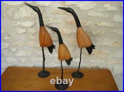 Groupe de 3 OISEAUX en métal et bois, parfait état, Hauteur maxi 55 cm