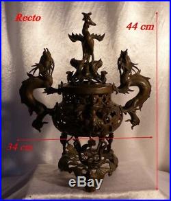 Important Brûle Parfum Chinois XIXe Bronze Dragons & Divinités Chine Ancienne