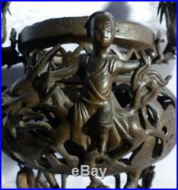 Important Brûle Parfum Chinois XIXe Bronze Dragons & Divinités Chine Ancienne