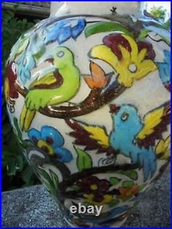 Imposant Vase Perse Iran En Ceramique Siliceuse Decor Oiseaux Et Floral Dn409