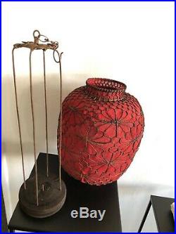 Lanterne rouge chinoise ancienne métal et tissu Fin XXe Siècle 35 cm Antique