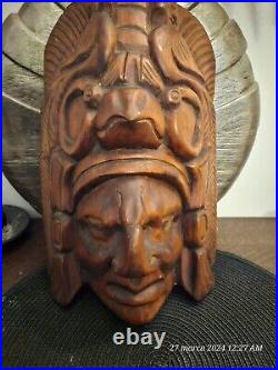 Masque vintage sculpté à la main aztèque Tiki Dieu Totem Statue en bois massif