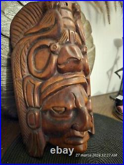 Masque vintage sculpté à la main aztèque Tiki Dieu Totem Statue en bois massif