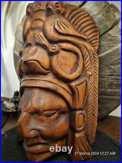 Masque vintage sculpté à la main aztèque Tiki Dieu Totem Statue en bois massif