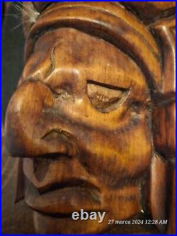 Masque vintage sculpté à la main aztèque Tiki Dieu Totem Statue en bois massif