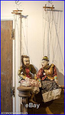 Paire Anciennes Marionnettes Birmanie Bois Chine Wooden Antique Carved Puppet