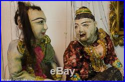 Paire Anciennes Marionnettes Birmanie Bois Chine Wooden Antique Carved Puppet