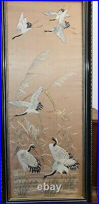 Paire De Grands Tableau Soie Brodée Chine Dynastie Qing XIX Hérons Oiseaux