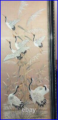 Paire De Grands Tableau Soie Brodée Chine Dynastie Qing XIX Hérons Oiseaux