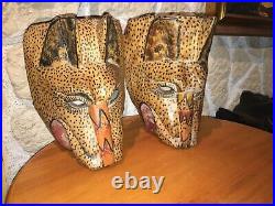 Paire De Masques Tetes De Tigres Bois Sculpté Polychrome Art Dasie Inde