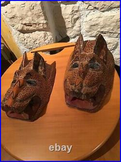 Paire De Masques Tetes De Tigres Bois Sculpté Polychrome Art Dasie Inde
