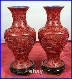 Paire De Vases. Métal Et Laque Sculpté. Socle Bois. Chine Xix-xx Siecle