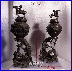 Paire de Brûle-Parfums Chinois Anciens Dynastie Qing XIXe Bronze Ciselé Dragons