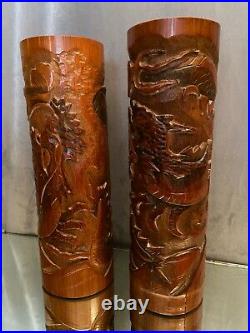 Paire de pots à pinceaux en bambou sculpté décor au dragon Extrême-Orient Chine
