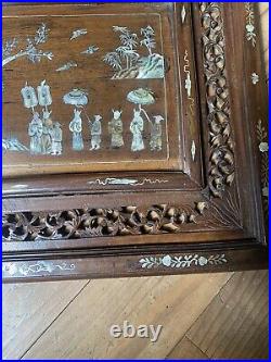 Panneau Decoratif Ancien Marqueterie Nacre Bois Exotique Art Asie Vietnam