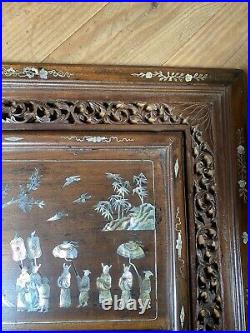 Panneau Decoratif Ancien Marqueterie Nacre Bois Exotique Art Asie Vietnam