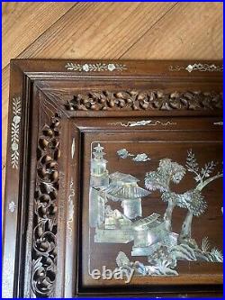 Panneau Decoratif Ancien Marqueterie Nacre Bois Exotique Art Asie Vietnam