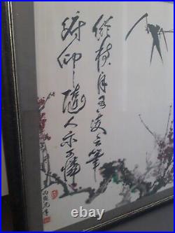 Peinture chinoise sur papier de riz avec signatures et cachets rouges XIX-XXe