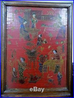 Peinture laquée rouge & calligrafie sur bois avec support Chine XIX ème Muséale