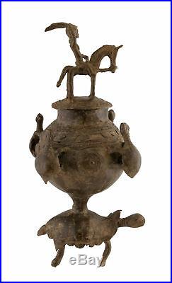 Pot a onguent bronze dogon du mali -urne-cavalier tortue-art africain -AA 1132
