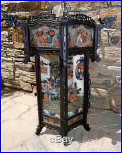 Rare 19th Century Antique Chinese Carved Wood and Painted Glass Palace Lantern