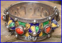 -Rare Antique Bracelet Traditionnel Maroc Argent Corail émaux Afrique du Nord