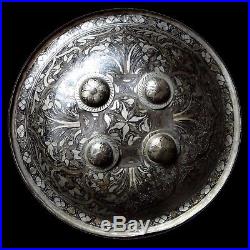 Rare Vintage Indian Islamic Damascus Shield Bidriware Bouclier Enamelled Silver