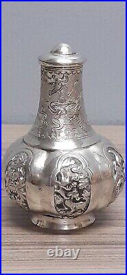 Rare fiole à chaux en Argent repoussé & ciselé Dragon Tortue Bétel Cambodge XIXe