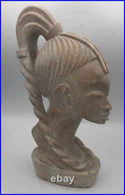 STATUE Sculpture Tête De Femme Africaine En PIERRE Beige, XXème, Signé 31 cm