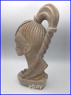 STATUE Sculpture Tête De Femme Africaine En PIERRE Beige, XXème, Signé 31 cm