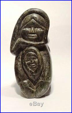 Sculpture Inuit En Steatite Inuit Art Carved Stone Mother/child