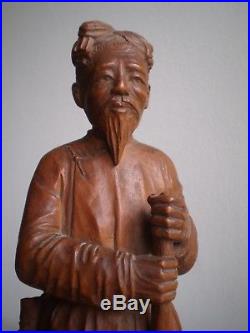 Statue Asie Ancien Pecheur Homme Bois Sculpte Deco Indochine Vietnam Pipe Opium