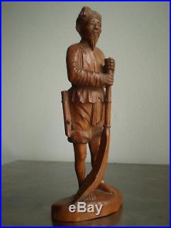 Statue Asie Ancien Pecheur Homme Bois Sculpte Deco Indochine Vietnam Pipe Opium