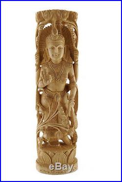 Statue Sculptee De Lakshmi En Bois Deesse Protection B