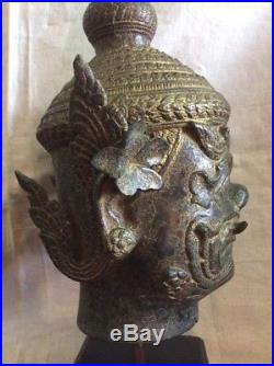 Statuette KHMER MONSTRE GARDIEN en bronze socle bois Bouddha Cambodge