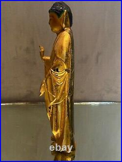 Statuette bois sculpté doré Bouddha Abhaya Mudra Extrême-Orient Japon fin XIXe