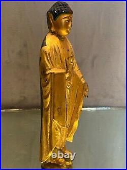 Statuette bois sculpté doré Bouddha Abhaya Mudra Extrême-Orient Japon fin XIXe