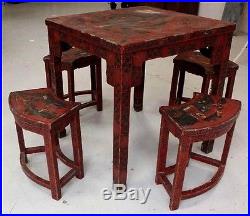 Table Chinoise et 4 Tabourets Dynastie Qing 1880 Laque Rouge & Dragon Noir XIXe