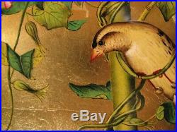 Tableau Bois Laque Vietnam Oiseau Fleur Feuille Or painting lacquer gold bird T2
