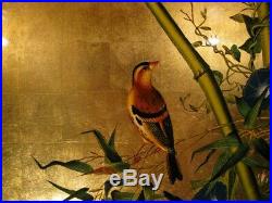 Tableau Bois Laque Vietnam Oiseau Fleur Feuille Or painting lacquer gold bird T2