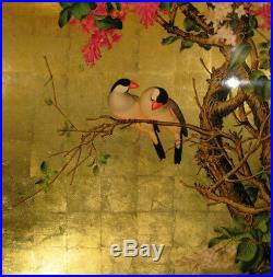 Tableau Bois Laque Vietnam Oiseau Fleur Feuille Or painting lacquer gold bird T5