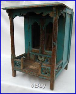 Temple de Maison Bleu Tiroir Gujarat Ancien Piece d'Origine Bois Inde 34x42x54cm